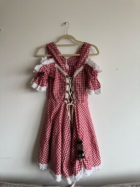 Red Gingham Lace-Up Dirndl Dress with Eyelet Trim Bought in Germany size 42